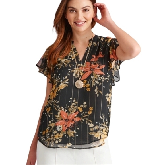 Tahari Floral Ruffle Cap Sleeve Top - Picture 1 of 7